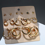 Серьги-кольца набор 9 пар «Звёзды» рисунок, цвет золото, d=3