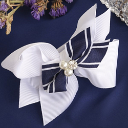 Резинка для волос бант "Школьница" 8 см, двойной бант синий бусинки   4098508