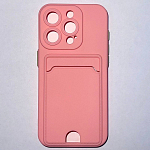 Силиконовый чехол BUTTON для iPhone 15 PRO, розовый , с карманом для пластик карт