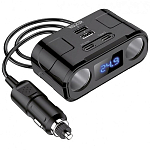 Разветвитель прикуривателя WALKER WSC-45, 120Вт, 2 разъема, 2USB(2А), 2Type-C(PD, 22W), с дисплеем