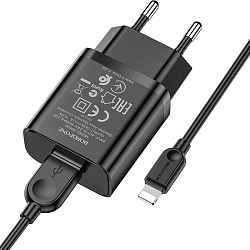 Сетевое ЗУ 1USB 2.1A BOROFONE BA52A, Gamble, Lightning, чёрный