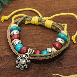 Браслет кожа "Цветок" с бусинами, 3 нити, цветной