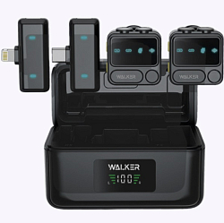 Микрофон БП WALKER WRM-70, петличный, в кейсе, Type-C/Lightning, черный