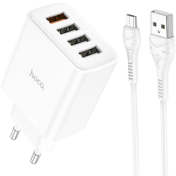 Сетевое ЗУ 4USB 2.1A HOCO C102A Fuerza, microUSB, белый