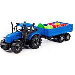 Трактор "Прогресс" с бортовым прицепом инерционный (синий) + набор продуктов 7 эл 02291