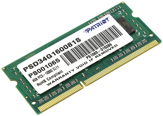 Оперативная память DDR3 4Gb PATRIOT SO-DIMM PSD34G1600L81S (PC3-12800, 1600MHz, 1.35V)
