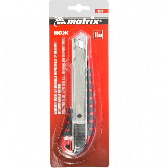 Нож 18мм MATRIX 78938, выдвижное лезвие металлическая направляющая эргоном. двухкомпонентная рукоятка