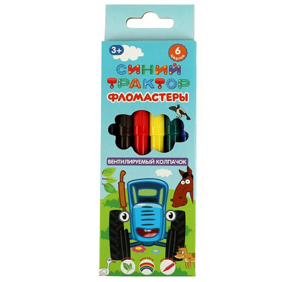 Фломастеры Синий ТРАКТОР 6цв, круглые 329586