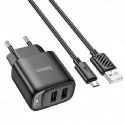Сетевое ЗУ 2USB 2.1A HOCO C141A Smart, microUSB, чёрный