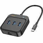 USB-Хаб HOCO HB37, Easy, HDTV+RJ45+USB3.0+USB2.0*2+PD100W, кабель Type-C, чёрный