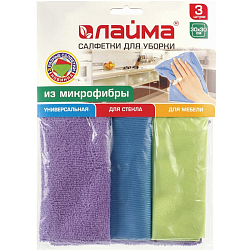 Салфетки из МИКРОФИБРЫ универсальные LAIMA., стекло, мебель, 30х30см КОМПЛЕКТ 3шт, 200 г/м2, 601258