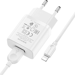Сетевое ЗУ 1USB 2.1A BOROFONE BA52A, Gamble, Lightning, белый