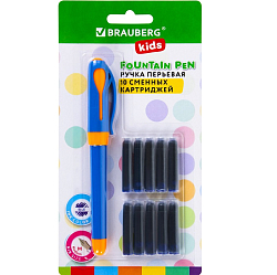 Ручка BRAUBERG KIDS перьевая с 10 сменными картриджами 143955