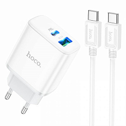 Сетевое ЗУ 1USB/1Type-C HOCO C105A, Stage, белый, кабель Type-C-Type-C, 20Вт, QC3.0, PD3.0