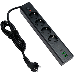 Сетевой фильтр  2.0м Cablexpert Exnovo, EXN-4-CU2-B-2, черный, 4 розетки,16А, 30Вт, ур.защиты 4+