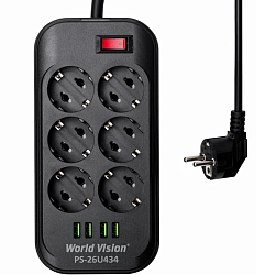 Сетевой фильтр  2.0м WORLD VISION PS-26U634, 6 розеток, 4USB, черный