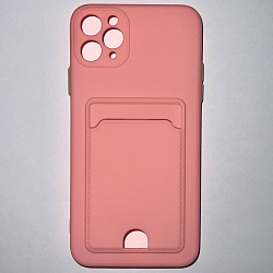 Силиконовый чехол BUTTON для iPhone 11 PRO MAX, розовый , с карманом для пластик карт
