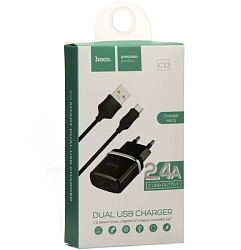 Сетевое ЗУ 2USB 2.4A HOCO C12 + кабель microUSB, чёрное