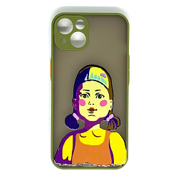 Задняя накладка AKSS для iPhone 13 "Игра в кальмара", хаки, матовая с цветными краями и защитой камеры