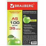 Папка-вкладыш с перфорацией А5,  35мкм, глянцевая горизонтальные BRAUBERG (по 100шт.) арт.223085