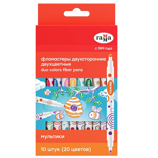 Фломастеры двухсторонние Гамма "Мультики", 20цв., 10шт., двухцвет., смываемые, 08042003