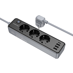 Сетевой фильтр 2.0м BOROFONE BAC8 Black, 3 розетки, 3USB+1Type-C