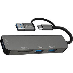 USB Type-C Хаб PERO MH05, USB-С/USB-A TO SD + TF + USB 3.0 + 2xUSB 2.0, серый