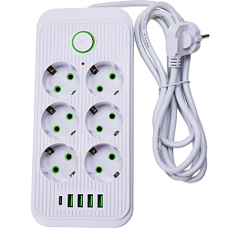 Сетевой фильтр  2.0м TENDENZA TZ-SP003, 6 розеток, 4 USB,1 Type-C