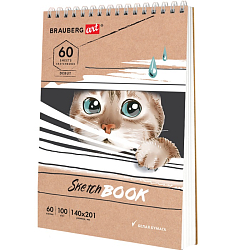 Скетчбук, белая бумага 100г/м2, 140х201мм, 60л, гребень,жёст. подложка, BRAUBERG ART, Котик, 115062