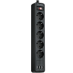 Сетевой фильтр  2.0м QUMO Power Bar 5SP4U (P-0005), черный, 5 розеток, 10A