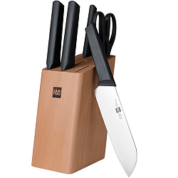 Набор стальных ножей Xiaomi (Mi) HuoHou 6-Piece Kitchen Knife Set Lite (HU0057), (4 ножа + ножницы + деревянная подставка из бука)