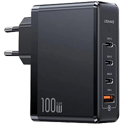 Сетевое ЗУ 1USB/3Type-C 2.4A USAMS US-CC163, T50, 100Вт, чёрный