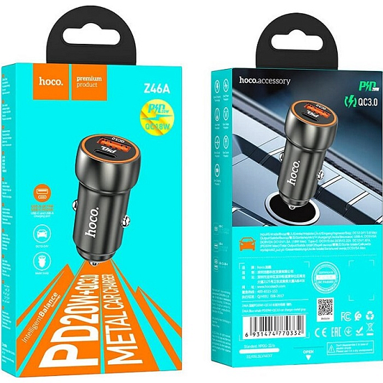 Авто ЗУ 1USB/1Type-C 3A HOCO Z46A, Blue whale, серый металлик, 18Вт