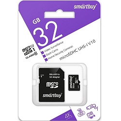 Micro SD 32Gb SMARTBUY Class 10 UHS-I V10 + адаптер SD для видеонаблюдения
