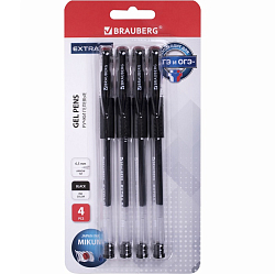 Ручки гелевые с грипом BRAUBERG "EXTRA GT", ЧЕРНЫЕ, НАБОР 4 штуки, 0,5 мм, линия 0,35 мм, 143924