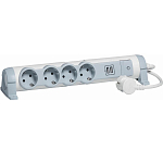 Сетевой удлинитель  1.5м Legrand 4 розетки с заземлением + USB 2 порта 2.4A, 694615 бело-серый USB