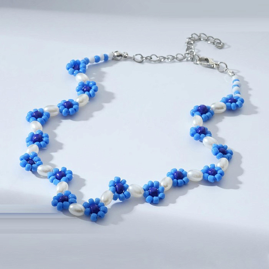 Колье «Бисер» незабудки, цвет сине-белый, 30 см 6938657
