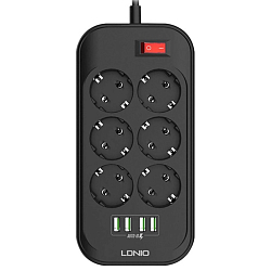 Сетевой удлинитель  2.0м LDNIO SE6403, 6 розеток, 4USB черный/серый