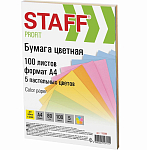 Цветная бумага STAFF Profit, А4, 80г/м, 100 л, (5цв.х20л), пастель, для офиса и дома, 110889