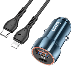 Авто ЗУ 1USB/1Type-C HOCO Z46A, Blue whale, синий, Lightning <--> Type-C, 18Вт, QC, AFC, FCP
