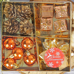 Набор украшений пластик 17 шт "Сюрприз" (4 шишки,4 подарка,4 бантика,5 шариков) 2371227