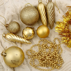 Набор украшений пластик 26 шт "Новогоднее веселье" с бусами и мишурой, золотой 4192767