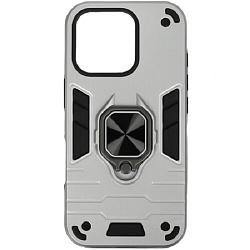 Задняя накладка DF для iPhone 16 Pro silver, DF iArmor-13, с кольцом и пластиной для магнитного держателя