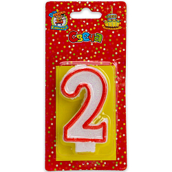 Свеча для торта Цифра 2 С-2407 с красной окантовкой с блестками