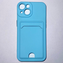Силиконовый чехол BUTTON для iPhone 14, голубой, с карманом для пластик карт