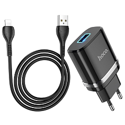 Сетевое ЗУ 1USB 2.4A HOCO N1, Ardent, Lightning, черный, QC3.0