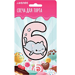Свеча-цифра для торта "Котик" 6, размер свечки 9,1x6,6x1 см, с рисунком, розовая