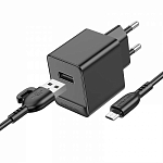 Сетевое ЗУ 1USB 2.1A BOROFONE BAS11A, Erudite, черный, microUSB
