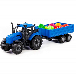 Трактор "Прогресс" с бортовым прицепом инерционный (синий) + набор продуктов 7 эл 02291