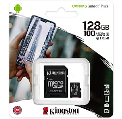 Micro SD 128Gb Kingston Class 10 Canvas Select Plus A1 (100 Mb/s) с адаптером SD
